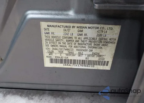 2007 Nissan Altima 2.5 S z USA, uszkodzony, nr VIN 1N4AL21E17N466220